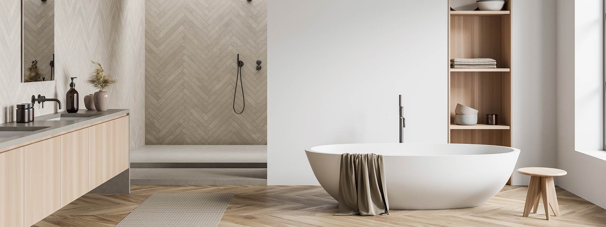 herringbone wood floors in minimalist bathroom