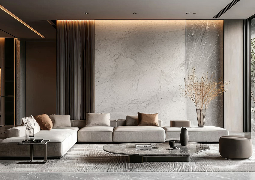 area rug in living room with gray monochromatic color scheme