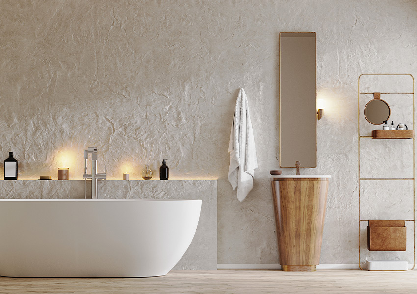 wood flooring in bathroom with monochromatic color palette