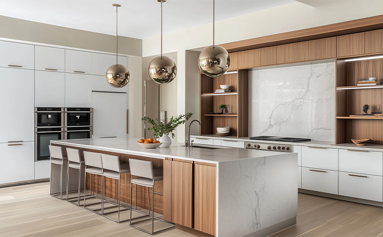 wood flooring in kitchen with marble island