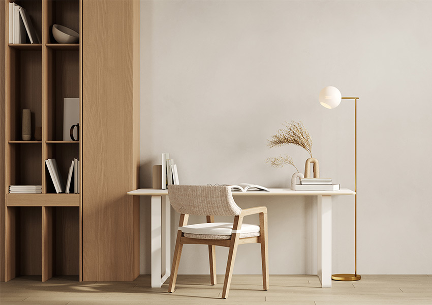chair at desk with white walls