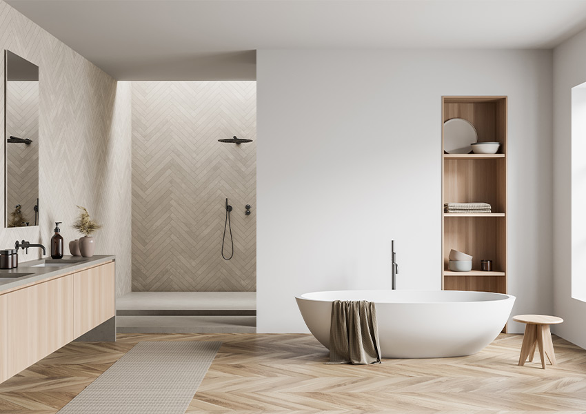 bathroom with earth tone herringbone walls and floors