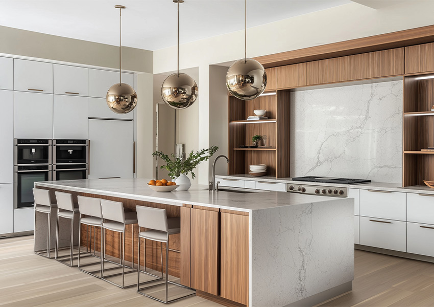 midcentury modern inspired kitchen with wood paneling