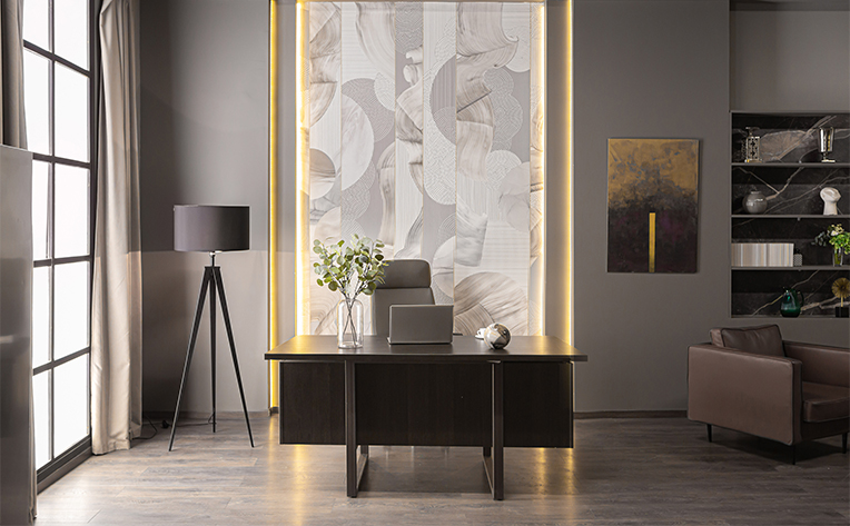 dark wood floors in an office space